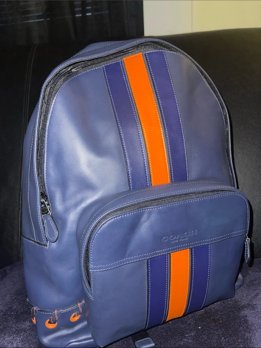 Coach Houston Backpack w/Baseball Stitch (Style F76868) Midnight Navy/Orange NWT